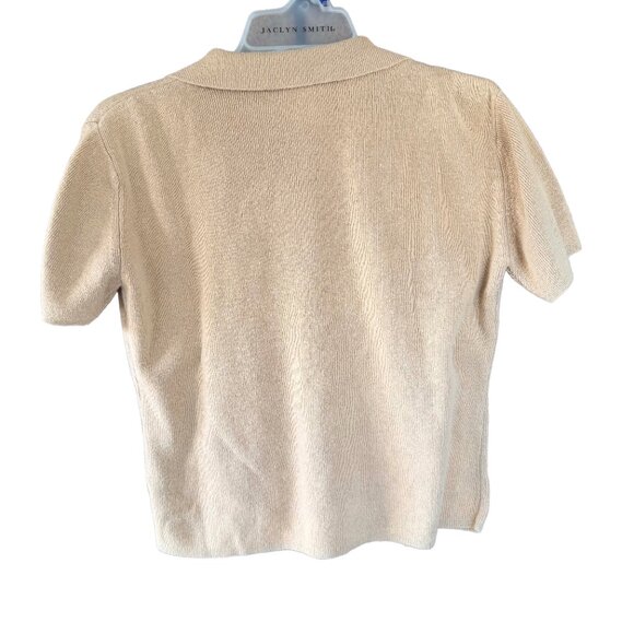 CLIO Vintage 90s Beige Ribbed Knit Polo Cardigan Button Front Short Sleeve L - Picture 5 of 5